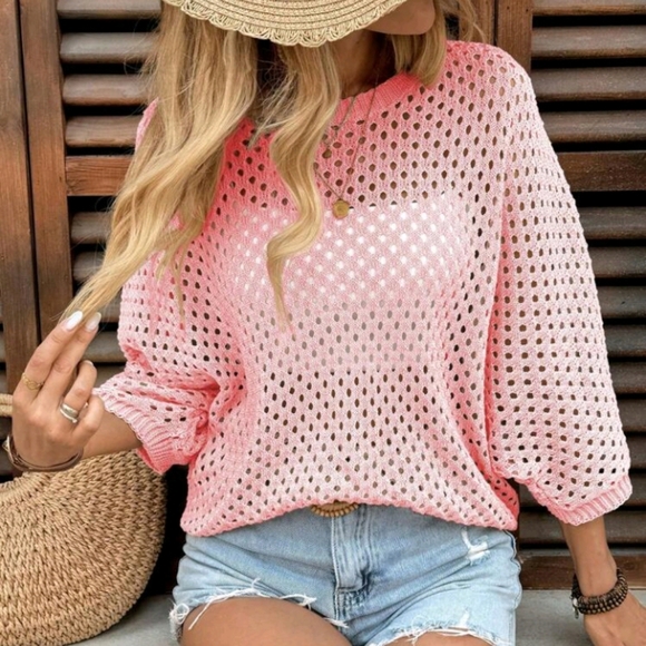 Casual Loose Fit Crew Neck Batwing Sleeve Hollow Knitted Apricot Color - Picture 1 of 5
